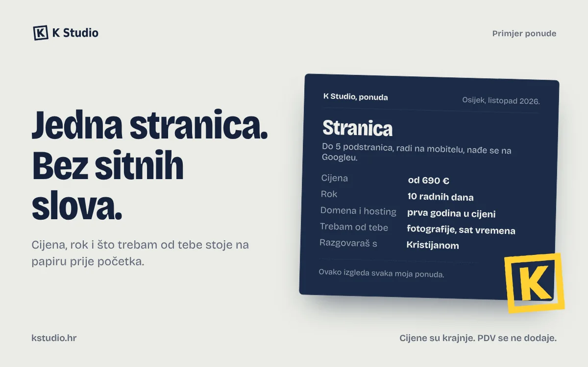 Primjer ponude K Studija za web stranicu: cijena, rok i uvjeti na jednoj stranici