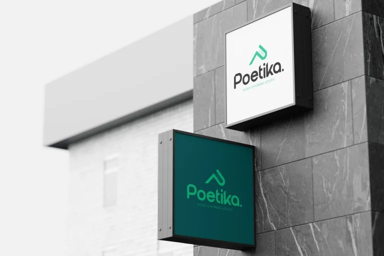 Dva svjetleća vanjska znaka Poetika na kamenom zidu, bijeli i tamnozeleni